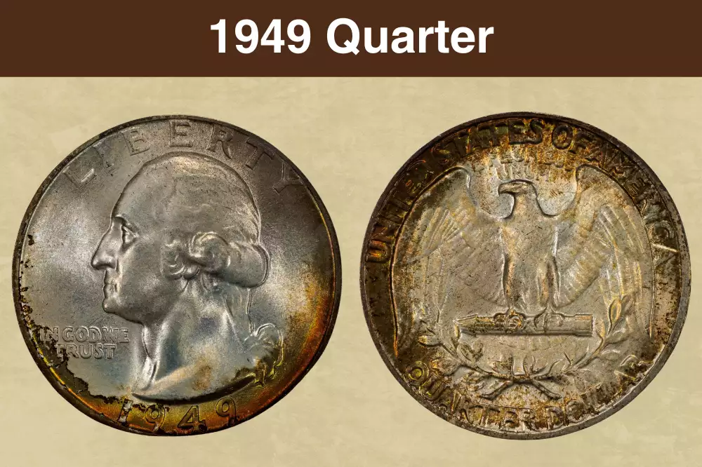1949 Washington Quarter obverse and reverse showing both faces of the silver coin