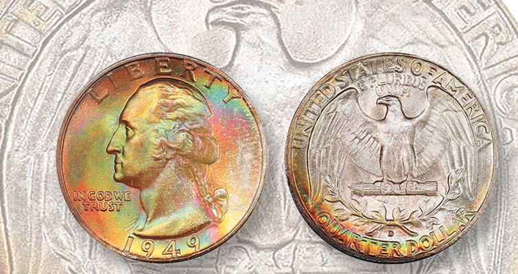 Comparison of normal 1949-D quarter mintmark (left) versus the rare 1949-D/S OMM FS-601 variety mintmark (right) showing S impression traces