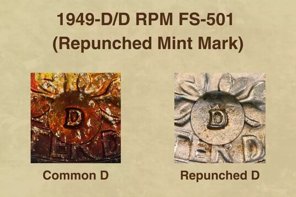 1949-D/D RPM FS-501 variety showing doubled D mintmark with secondary impression visible on the quarter reverse