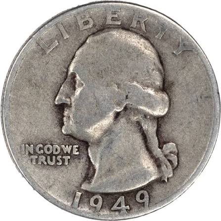 1949 Washington quarter clipped planchet error showing a segment of the coin missing due to a planchet punch overlapping a previous hole in the strip