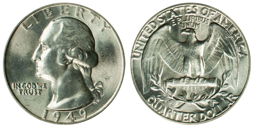 1949 Washington quarter grading strip showing four examples from worn to gem uncirculated illustrating all four condition tiers